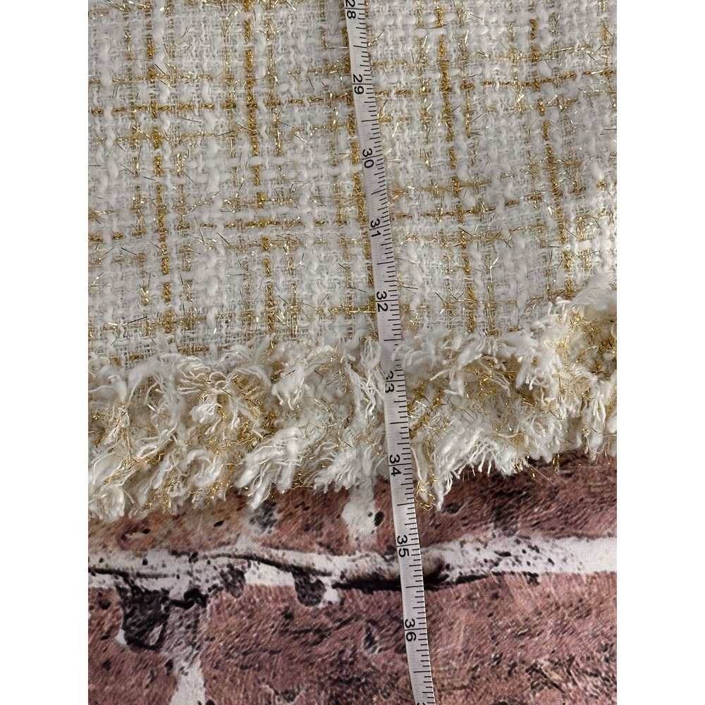 AURA Ivory Gold Metallic Tweed Puff Sleeve Mini Dress Faux Pearl M Old Money - Picture 12 of 13